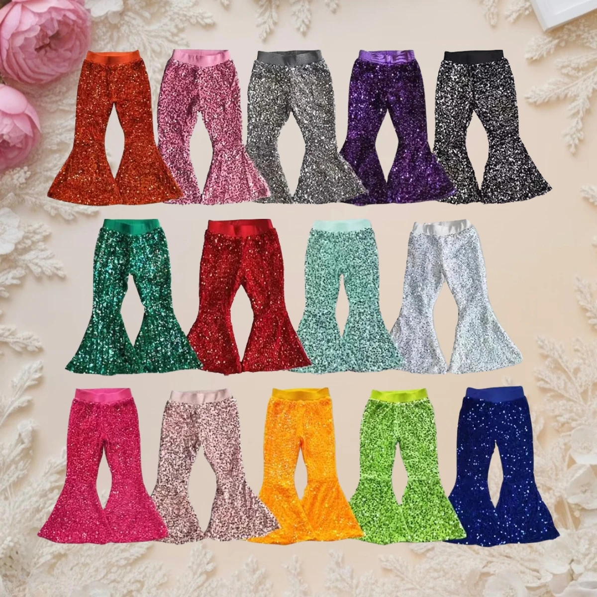 

Hot Sale Boutique Baby Girls Sequins Bell Pants Kids Designer Clothes Girls Sequin Glitter Bell Bottom Pants Fashion Girl Bottom