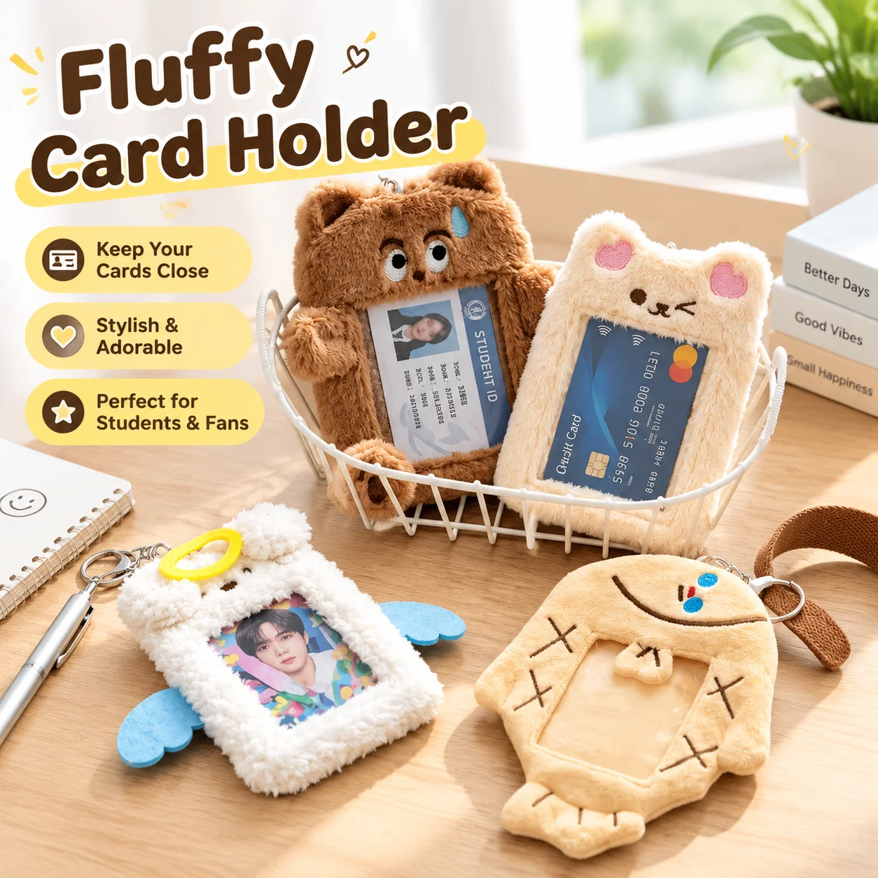 Fluffy Card Holder with Hanging Display for Student ID Credit Cards K-Pop Photocards Multi Ins Styles