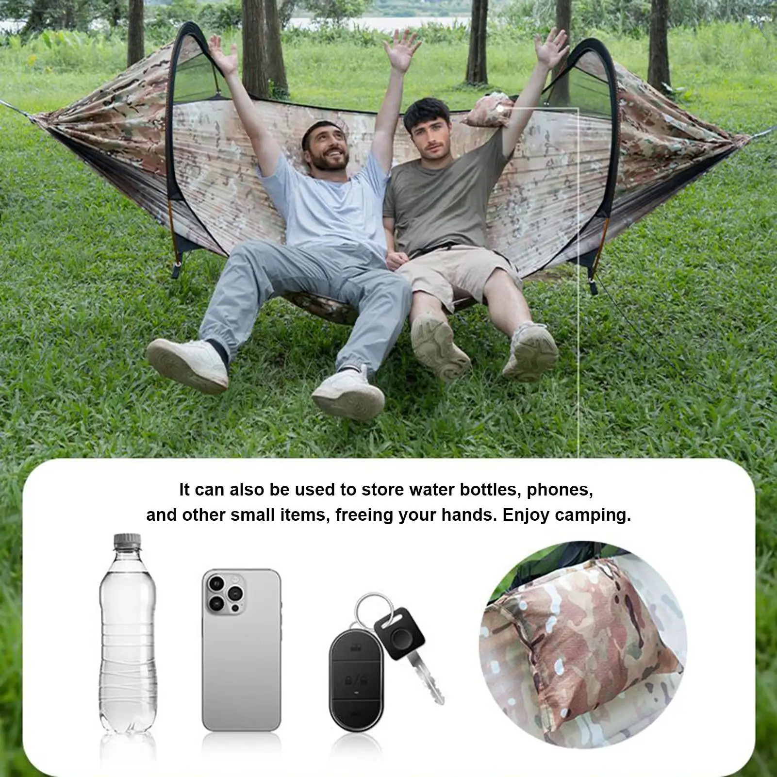 Hamacas de acampada para adultos, cama columpio doble individual portátil con red, protección solar, paracaídas, cama para dormir para senderismo