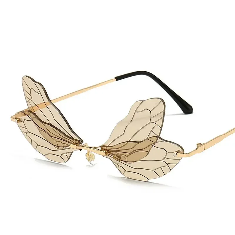 

Fashion Dragonfly Wings Rimless Sunglasses Catwalk Women's Luxury Funny Sun Glasses Shades For Women UV400 2024 Brand SG034
