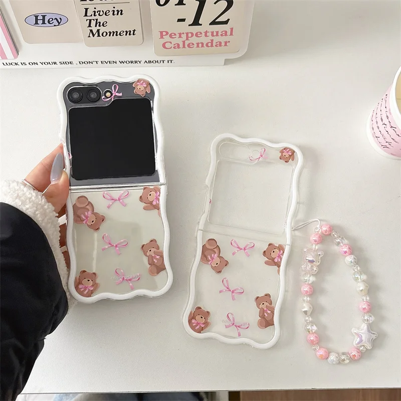 

Cute Korean Bow Bear phone case for Samsung Galaxy Z Flip 5 zflip6 5G zflip 3 4 Wavy with 3D Star Chain Kawaii Shockproof cover