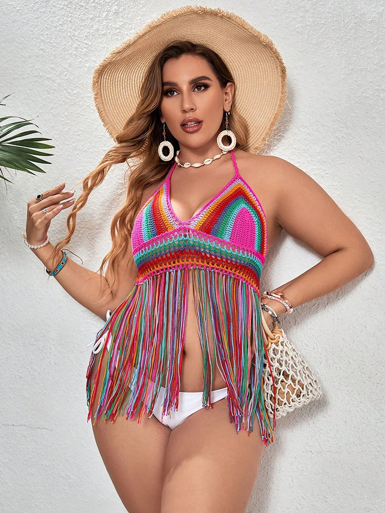 Top Halter de ganchillo de talla grande, traje de baño bohemio de arcoíris con flecos y borlas a rayas coloridas, traje de baño Sexy de punto con cuello en V