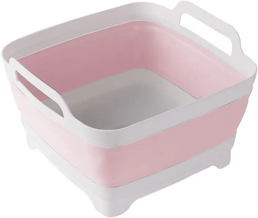 

Collapsible Dish Basin 9L with Drain Plug & Carry Handles for RV Sink, Vegetable, Fruit Washing - Pink