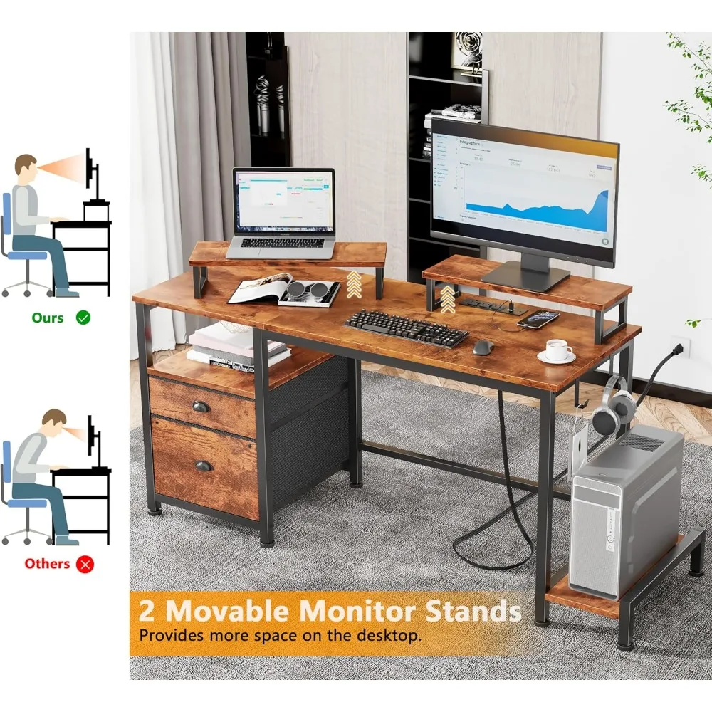 مكتب كمبيوتر مع خزانة ملفات، منافذ طاقة، حامل شاشتين، أدراج تخزين، مكتب مكتب منزلي للكتابة والتنظيم