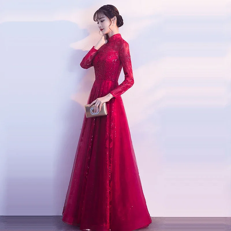 It's Yiiya Maßgeschneiderte Abendkleider, Burgunderrot, hoher Kragen, Knöpfe, volle Ärmel, bodenlang, Reißverschluss, Übergröße, Party-formale Kleider