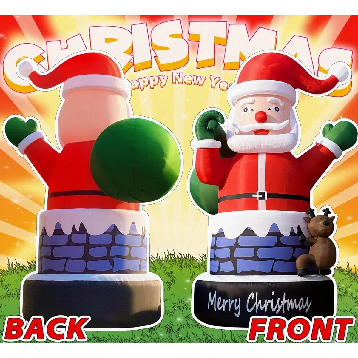 Babbo Natale gonfiabile gigante da 20 piedi nel camino con renna, grande Babbo Natale con ventilatore d'aria per la decorazione natalizia all'aperto