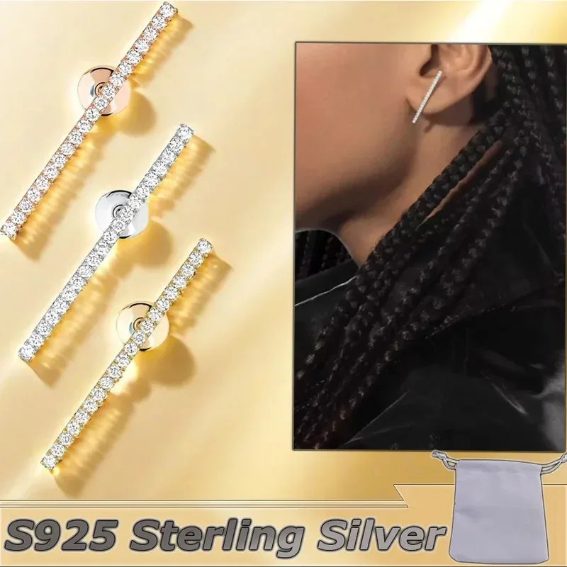 

Real S925 Sterling Silver Row Diamonds Earrings Single Straight Luxury Jewelry Women Vintage Style Party Banquet Girl Gift