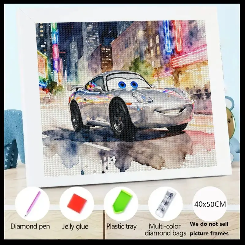 

1 шт. 5D DIY Full Drill Diamond Painting Kit, мультяшный серебряный спортивный автомобиль с голубыми глазами в городской ночной сцены, большой кристалл 40x50 см
