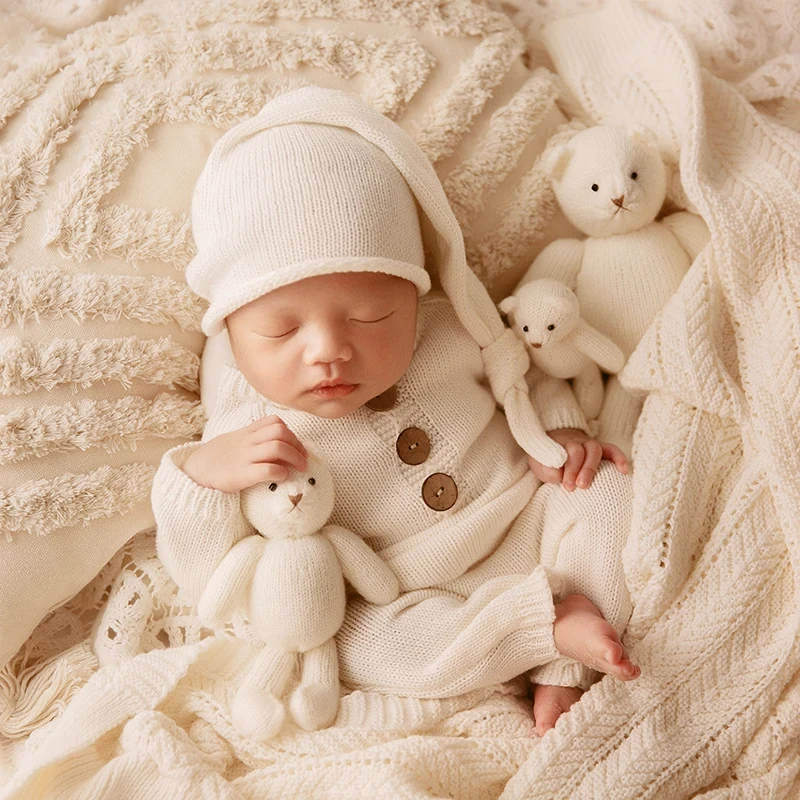 Pakaian fotografi bayi, Jumpsuit + topi gaya sederhana 2 buah/set boneka beruang rajut aksesoris foto baru lahir