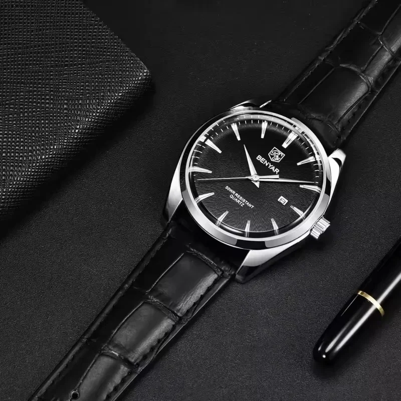 BENYAR BY-5163M Men Quartz Watch Japan Miyota 2115 Movement Genuine Leather Strap 50M Waterproof Date Business Male Wristwatch