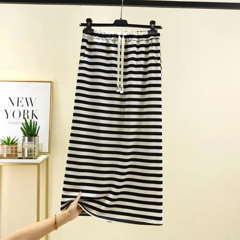 Gonna longuette a trapezio a vita alta Bla Strisce bianche Strato base dimagrante Estate 2025 Nuovo Sle Donna Faion Poliestere Cotone B...