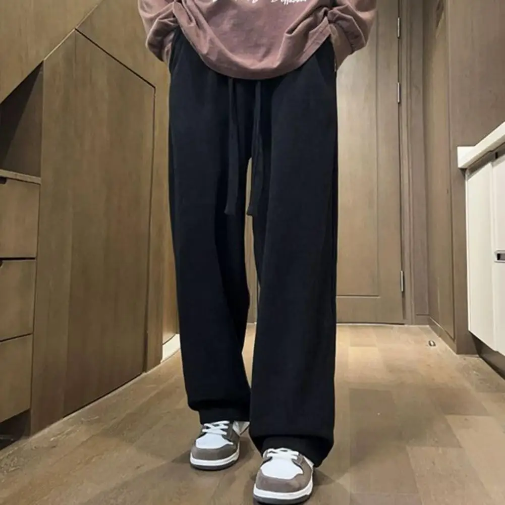 Men Winter Fall Pants Thickened Plush Wide Leg Straight Loose Drawstring Elastic Waist Pure Deep Crotch Vintage Long Trousers