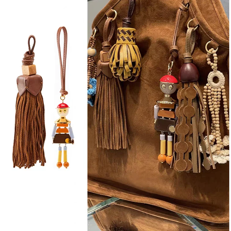 

Robot French Tassel Flowers Bead Leather Bag Charm For Women's Bag Fashion Decoration Couple High-end Keychain Bag Accessories