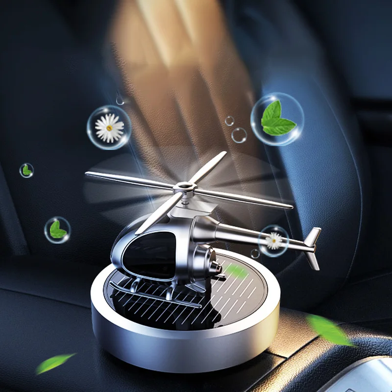 Solar Powered Rotation Helicopter Solar Aromatherapy Car Air Freshener Wooden Ornaments Fragrance Auto Aroma Diffuser