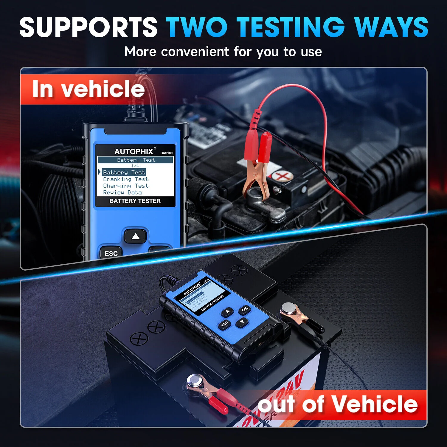 AUTOPHIX BAS100 Car Battery Tester 12V 24V Alternator Charging Cranking System Analyzer Load Tester Charging System Analyzer