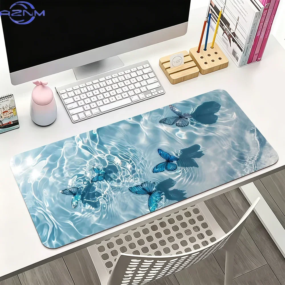 Blue Water Ripple Butterfly Print Extended Mousepad, Non-Slip Rubber Base Large Desk Mat, Smooth Surface for Gaming Office Deskt