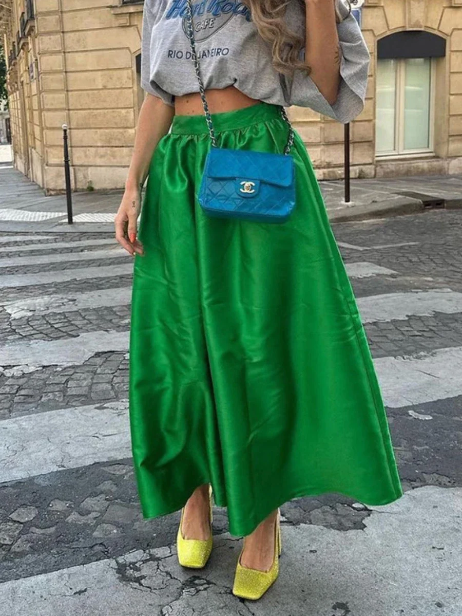 Bornladies Summer Women Green Skirt Fashion Simple Versatile Long Skirt Hanging High Waist Large Swing Umbrella A-line Skirt