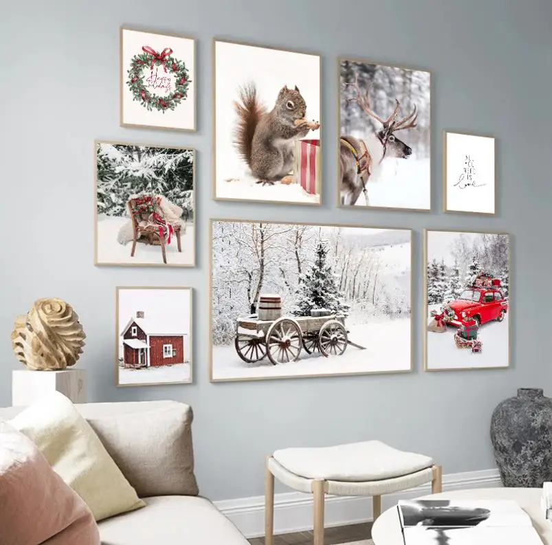 Christmas Red Car Home Elk Squirrel Wall Art Canvas Painting Holiday Living Room Decoration Posters And Prints Wall Pictures