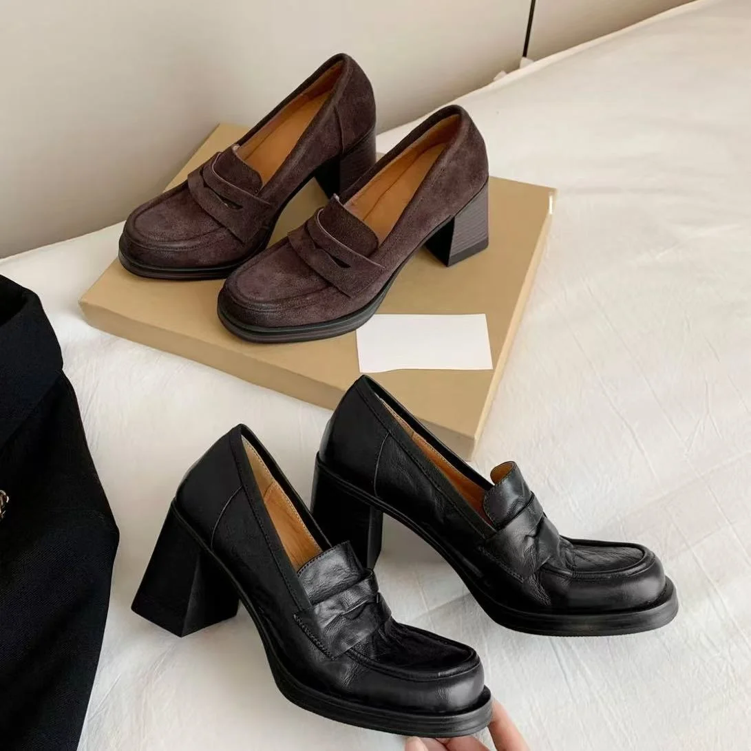 Retro Round Toe 7cm High Heels Mary Jane Shoes Chunky Heel Fashion Pumps Autumn Trend Women Pumps Zapatos De Mujer