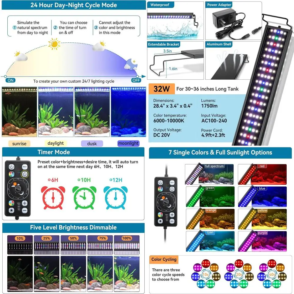 

Aquarium LED Light for 30-36in Tanks with Full Spectrum, 24/7 Day-Night Cycle, 7 Color Options, Dimmable, and Auto On/Off Timer