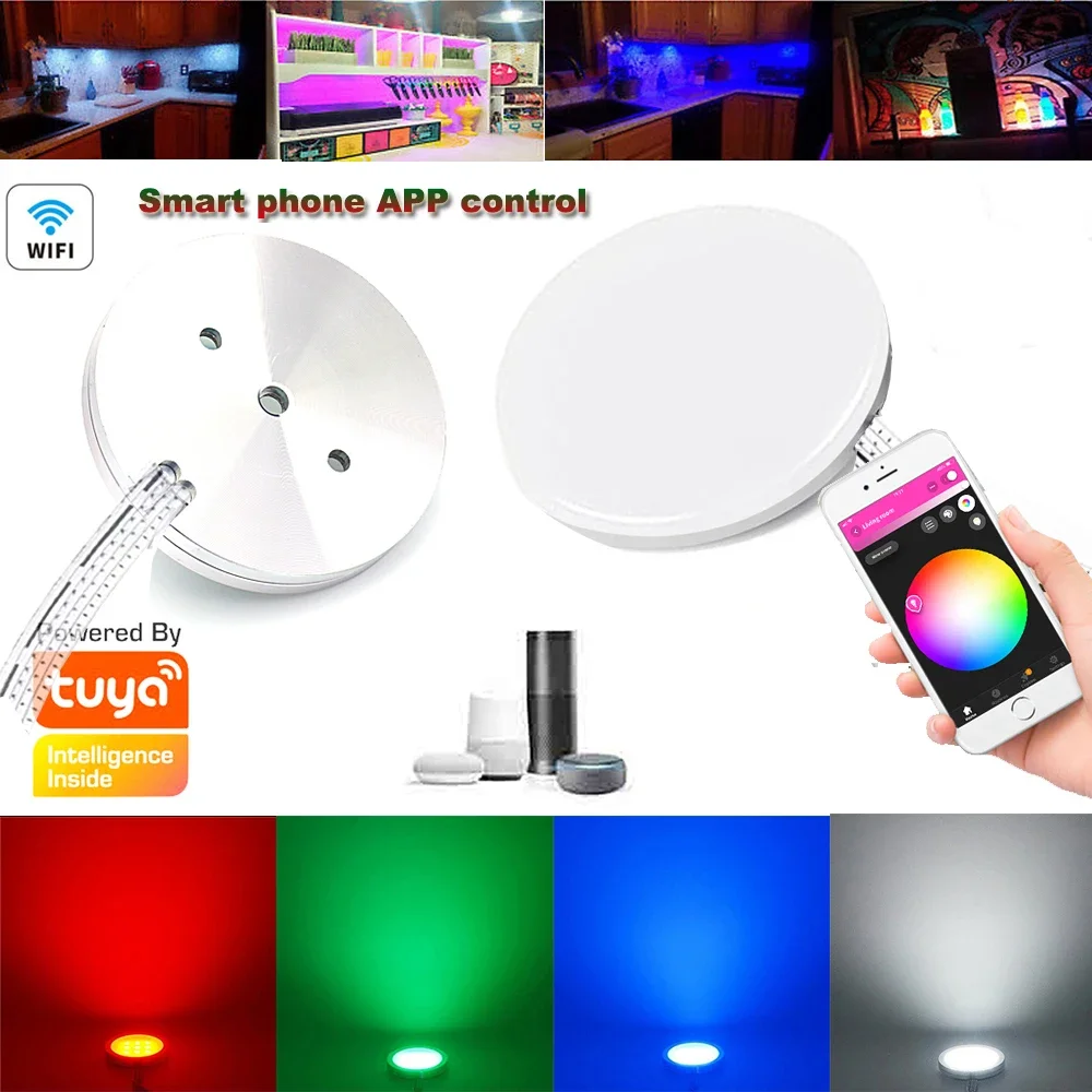 Tuya Wifi DC12V RGB LED Round Under Cabinet Light Color Change Dimming for Kitchen Closet Shelf Voice Control Google Alexa Echo