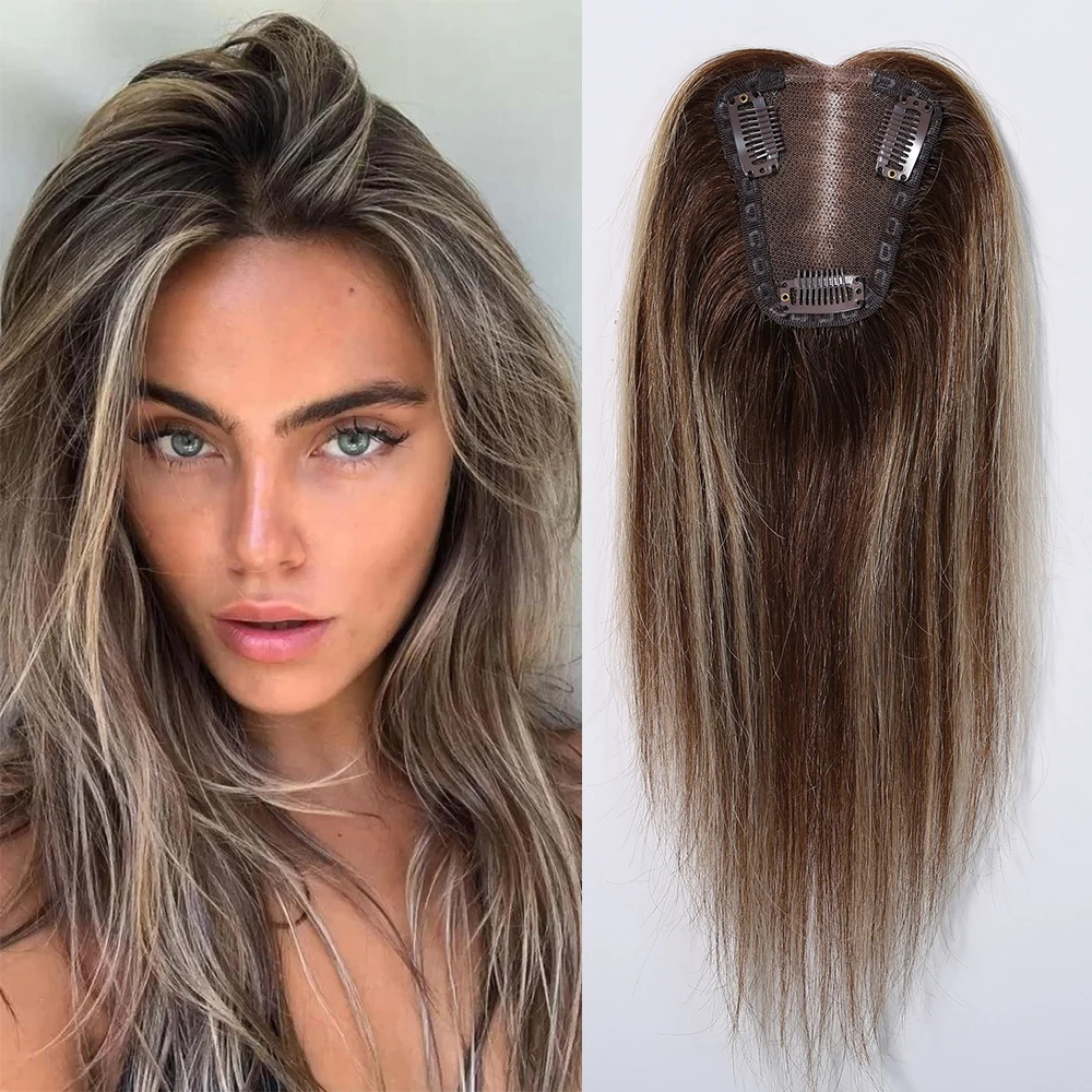 Toppers de cabelo humano remy loiro, marrom escuro, base de renda, clipes em extensões de cabelo para mulheres, 12 polegadas, cabelo remy