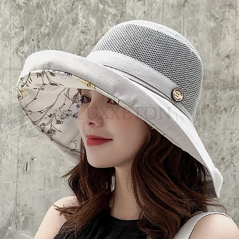 Summer Big Wide Brim Flower Sun Hat for Women Mesh UV Protection Beach Hat Female Net Foldable Sun Hats Lady\'s Bucket Hat