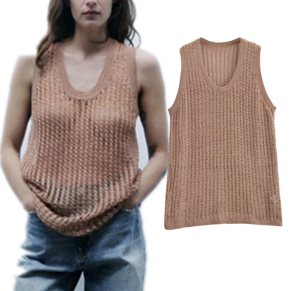 

Dave&Di French Country Style Lazy Women'sSweater Champagne Knitted Color Hollow Loose Knitted Vest Top For Women