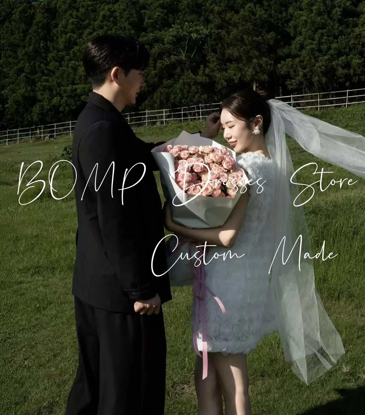 BOMP Sweet Flowers Wedding Party Short Dress O-Neck A-Line White Tulle Korea Photo Shoot Bridal Reception Gown Customized