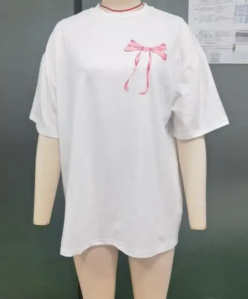 

Beautiful Women's Bowknot Loose T-Shirt Daily Clothing 2025 Summer Casual Round Neck Polyester Short Sleeve Sweet Pullover Top