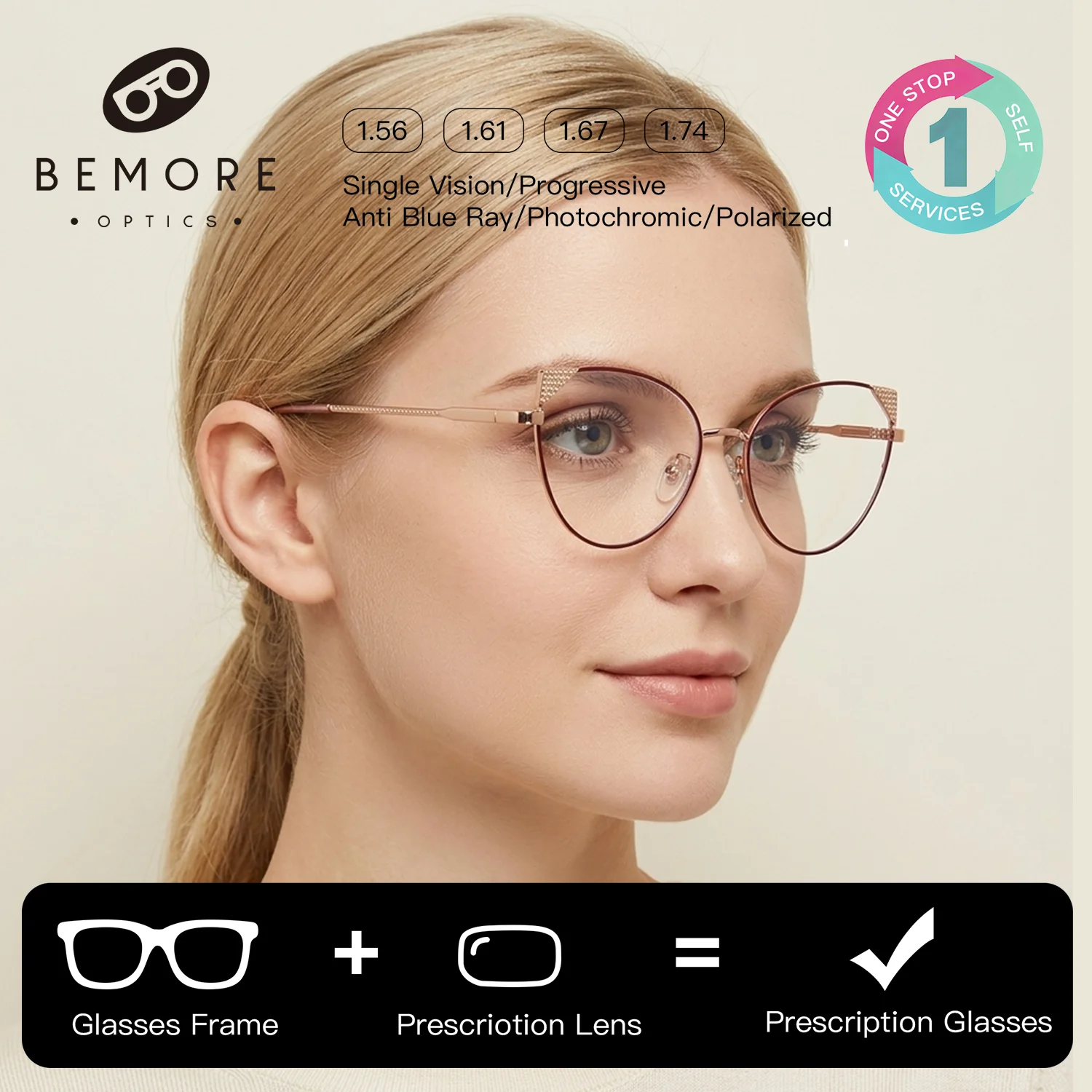 

Очки BEMORE на заказ, металлические, женские, с защитой от синего света, фотохромные, в форме бабочки, для коррекции зрения