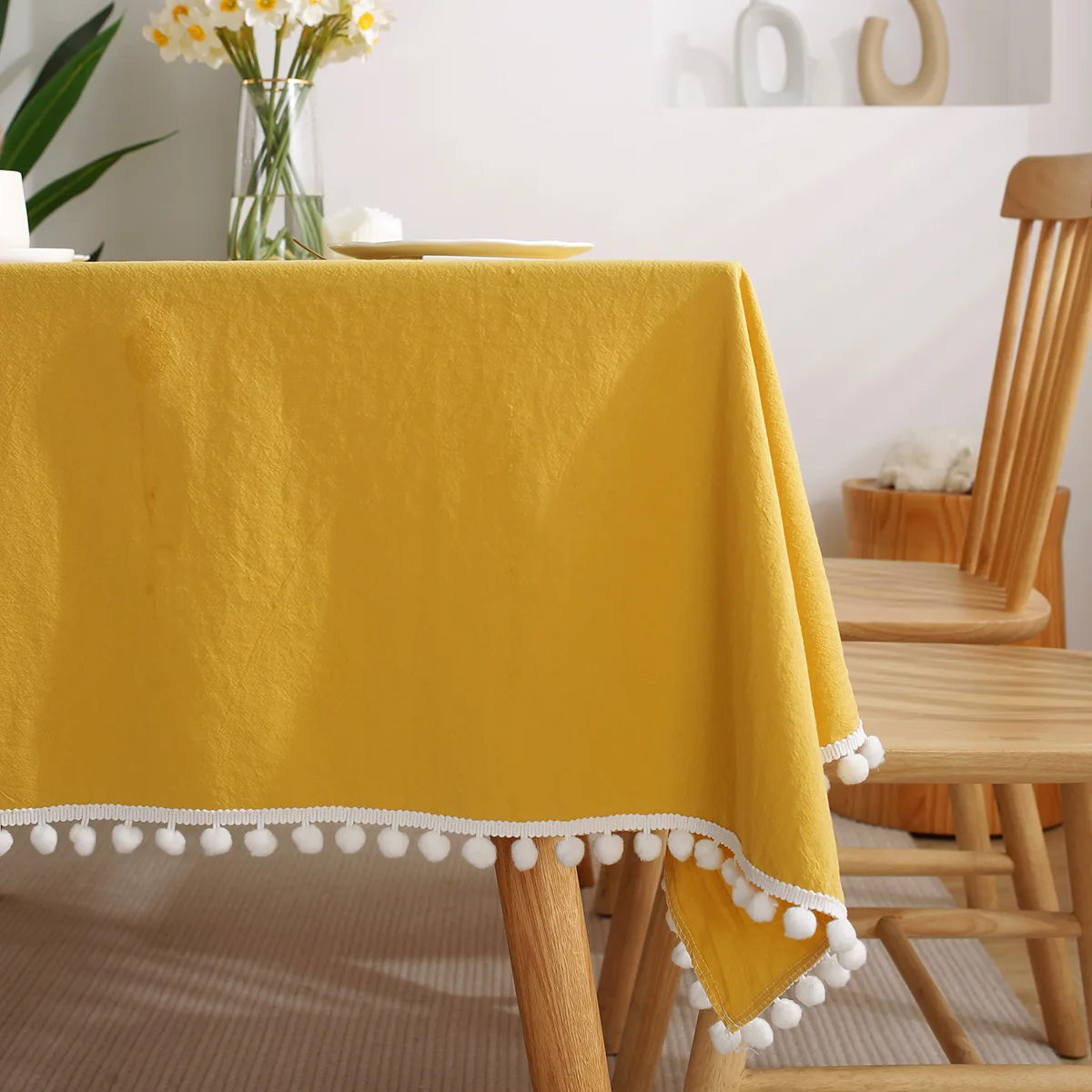 

100% Cotton Tablecloths Fabric Tassel Tablecloth Dust-Proof Table Cover for Kitchen Dinning Tabletop Home Wedding Decoration
