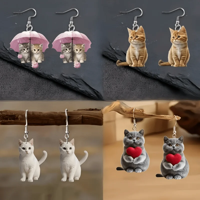 4 pairs of cute cartoon cat pendant earrings, 2D acrylic cat accessories, suitable for party/Valentine's Day/gift