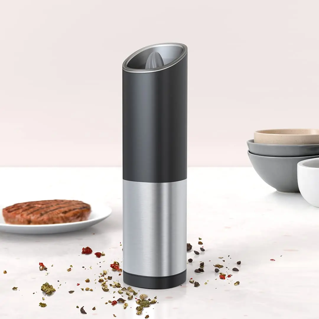 Electric Salt and Pepper Grinder with Manual Adjustment Clear Canister Ceramic Core and LED Indicator