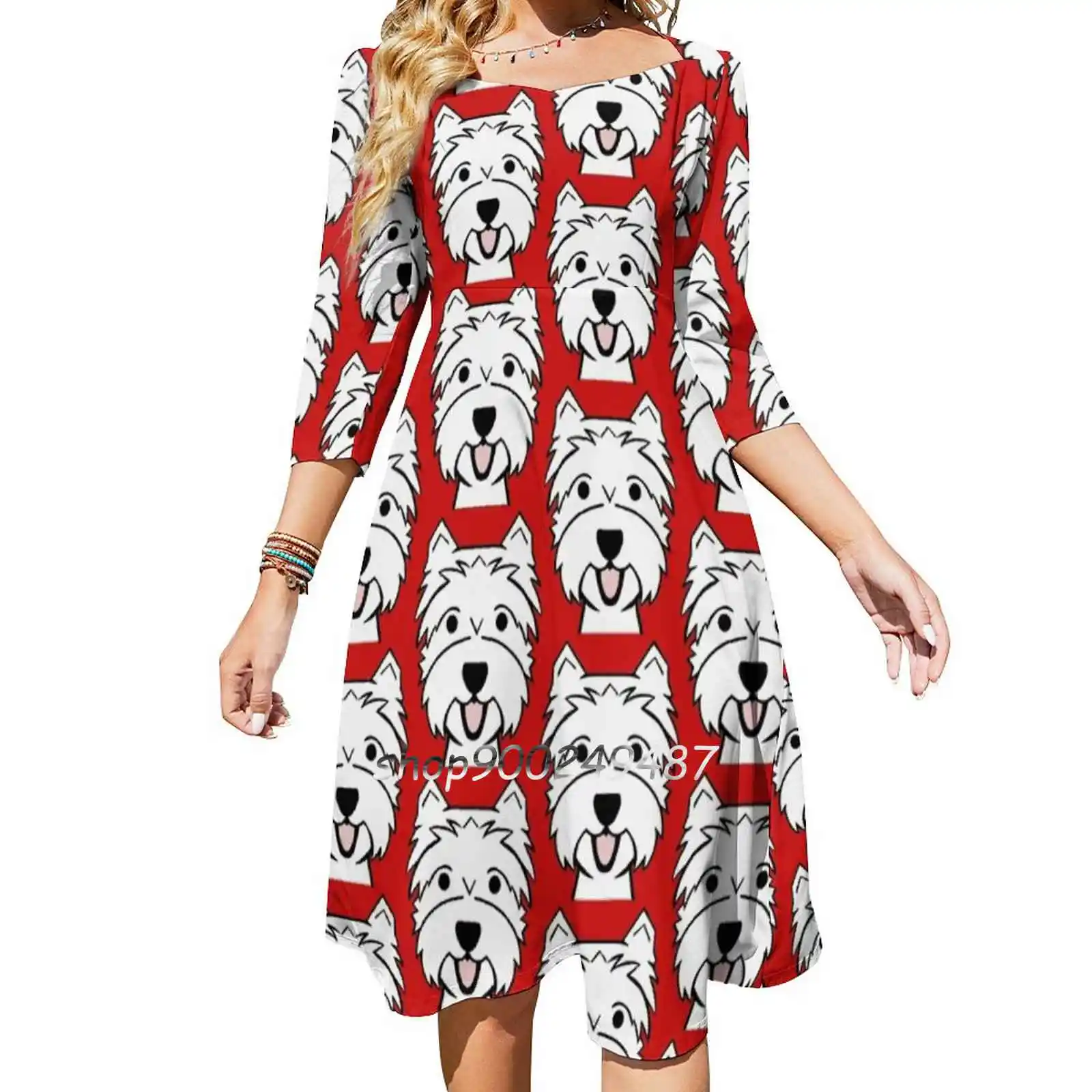 West Highland Terrier-Westies-Westie Dogs-Red Background Flare Dress Short and Long Sleeve Dresses Fashion Printed Dress