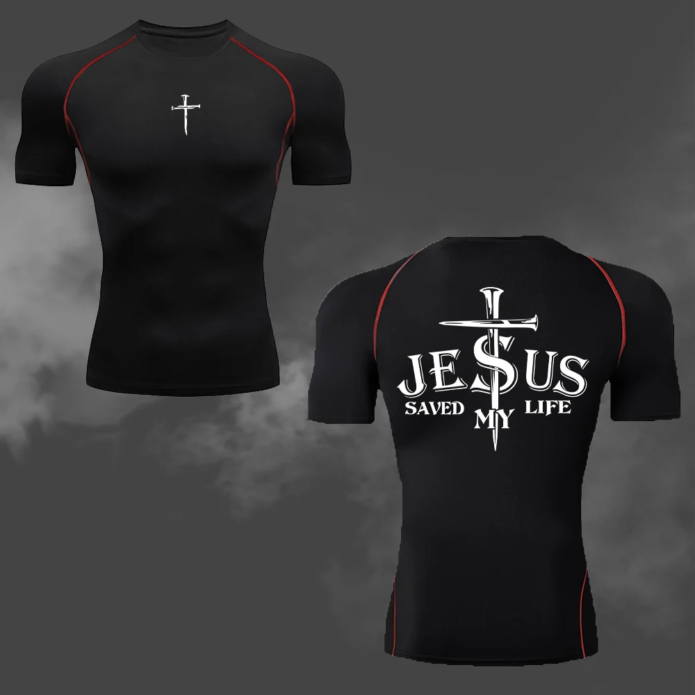 Herren-Kompressions-T-Shirt mit Jesus-Kreuz-Doppeldruck, schnell trocknend und atmungsaktiv, kurzärmelig, für Fitness, Gym, Laufen, Training – Detail 15