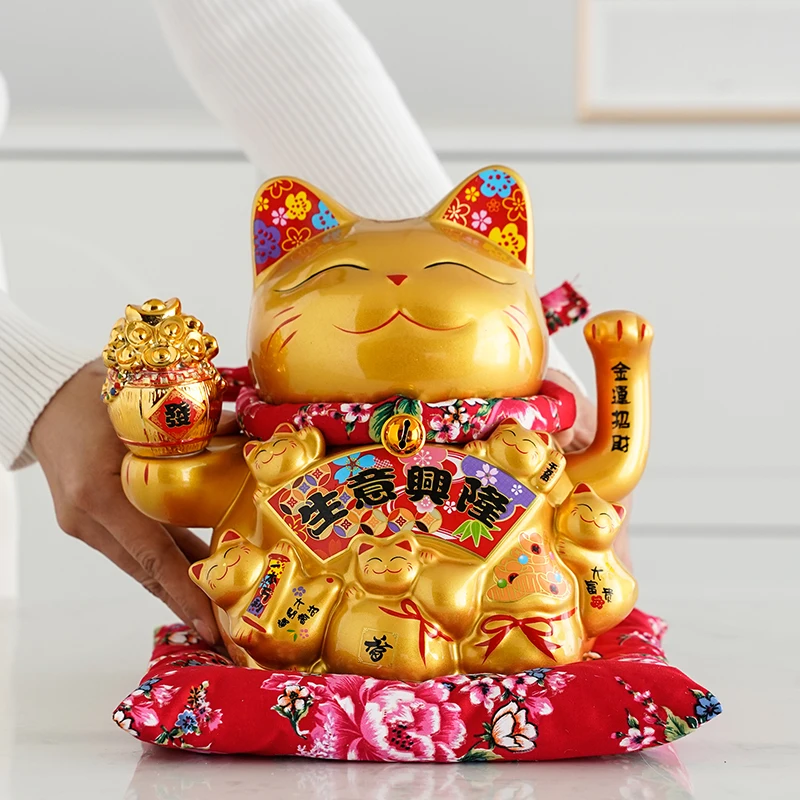 8.46 Inch Ceramic Maneki Neko Gold Porcelain Lucky Fortune Cat Chinese Feng Shui Decoration Beckoning Cat Waving Arm