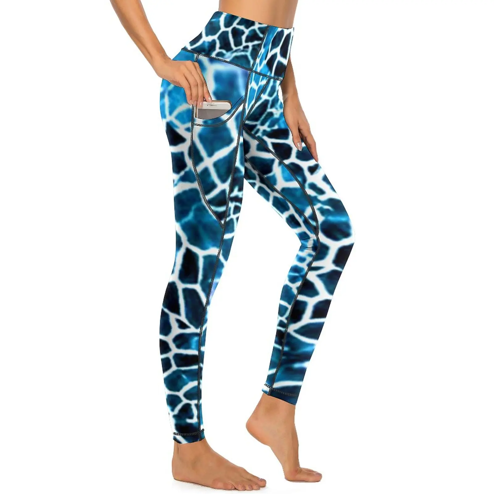 Giraffe Print Yoga Pants Pockets Blue and White Leggings Sexy Push Up Vintage Yoga Sport Legging Stretch Pattern Gym Leggins