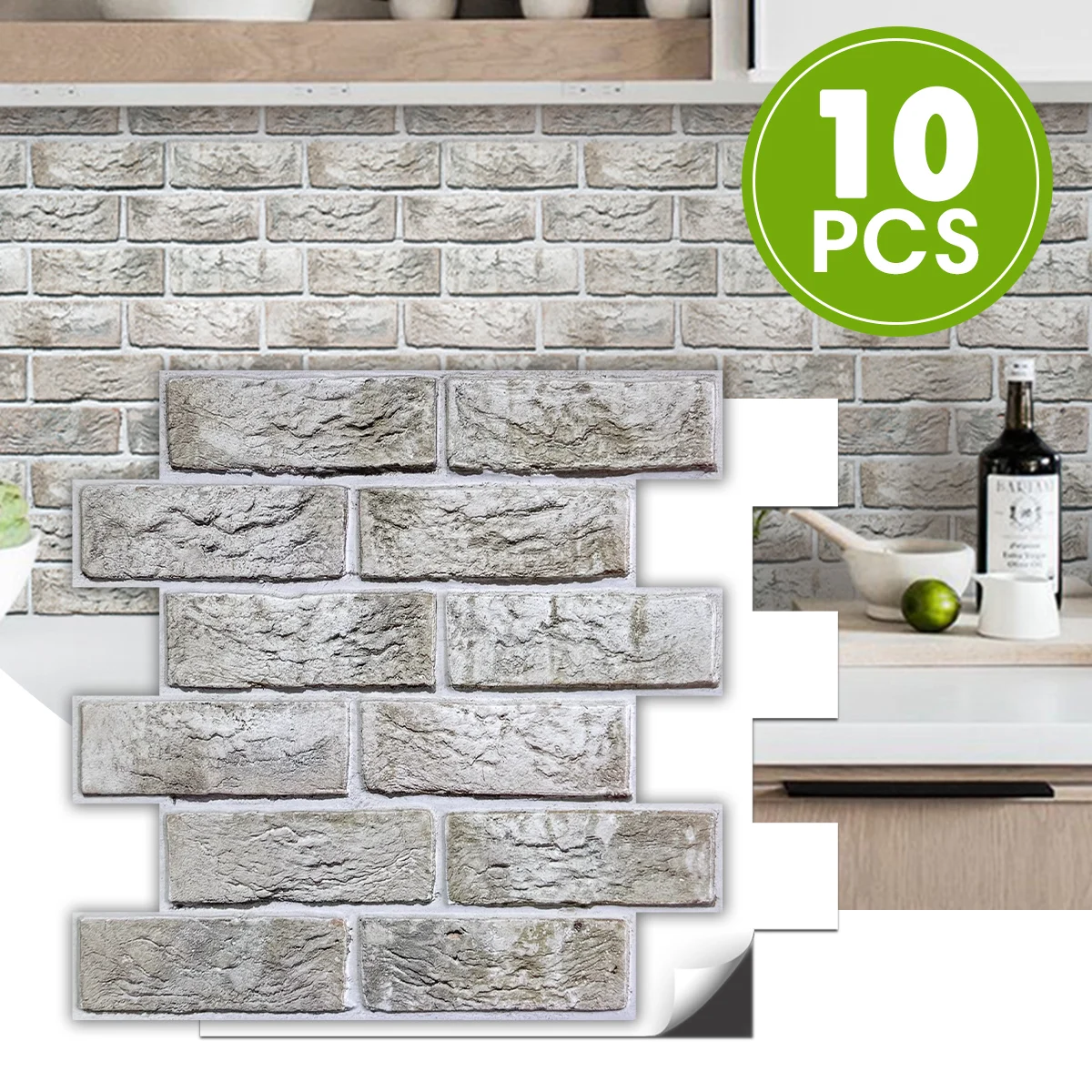 

Commomy 10 Pcs 3D Peel and Stick Wall Panels, 3D Brick Tile Stickers, Kitchen Backsplash Stickers, Living Room Decoration