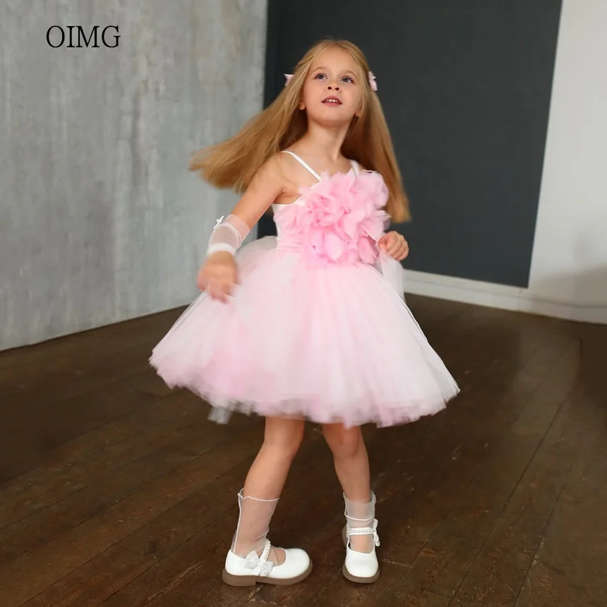 

OIMG Прекрасное розовое платье для девочек с тонкими бретелями, А-силуэт, с 3D цветами, из тюля, свадебное, длиной до колена, для вечеринок, на заказ