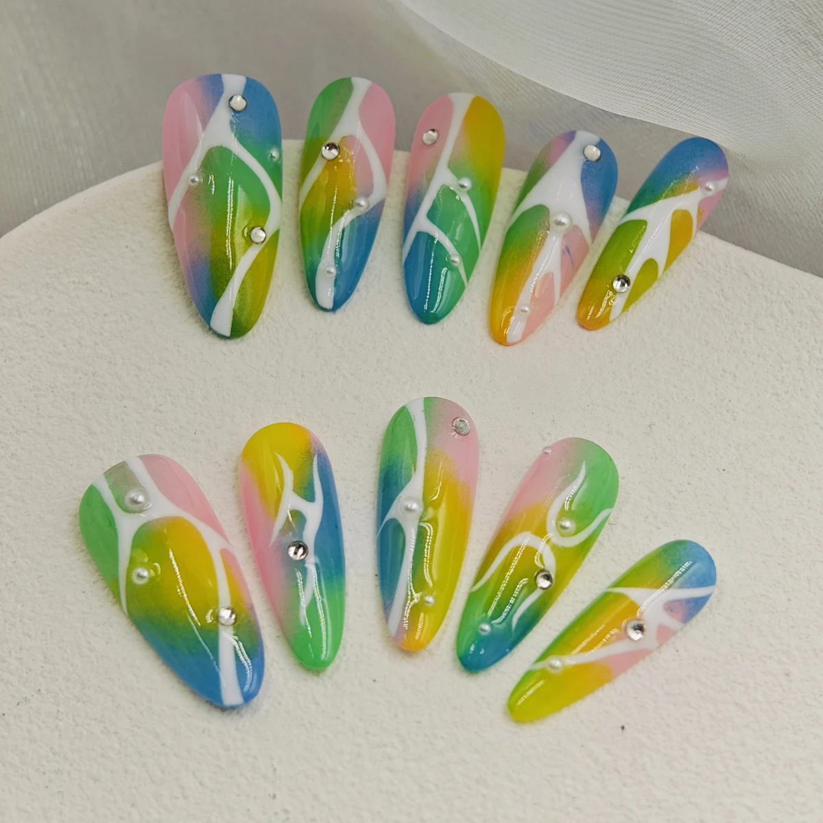 

10pcs Handmade Almond Press On Nails, Colorful French Tips with White Wave & Pearl Beads, Summer Party Full Cover Set