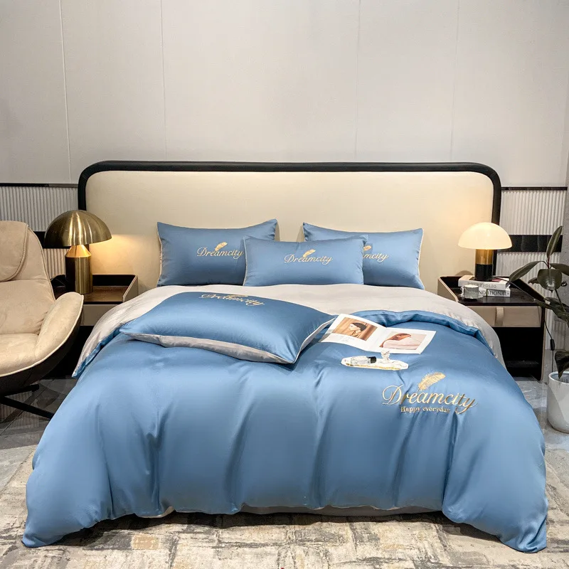 

Ice silk high-end four piece set, light luxury silk sliding bed, naked sleeping duvet cover, spring and summer three piece set,