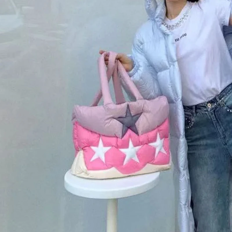 Tote Puffer Bags For Women Luxury Designer Handbags Purses 2024 New In Fashion Nylon Filled With Cotton Splicing Star Shoulder