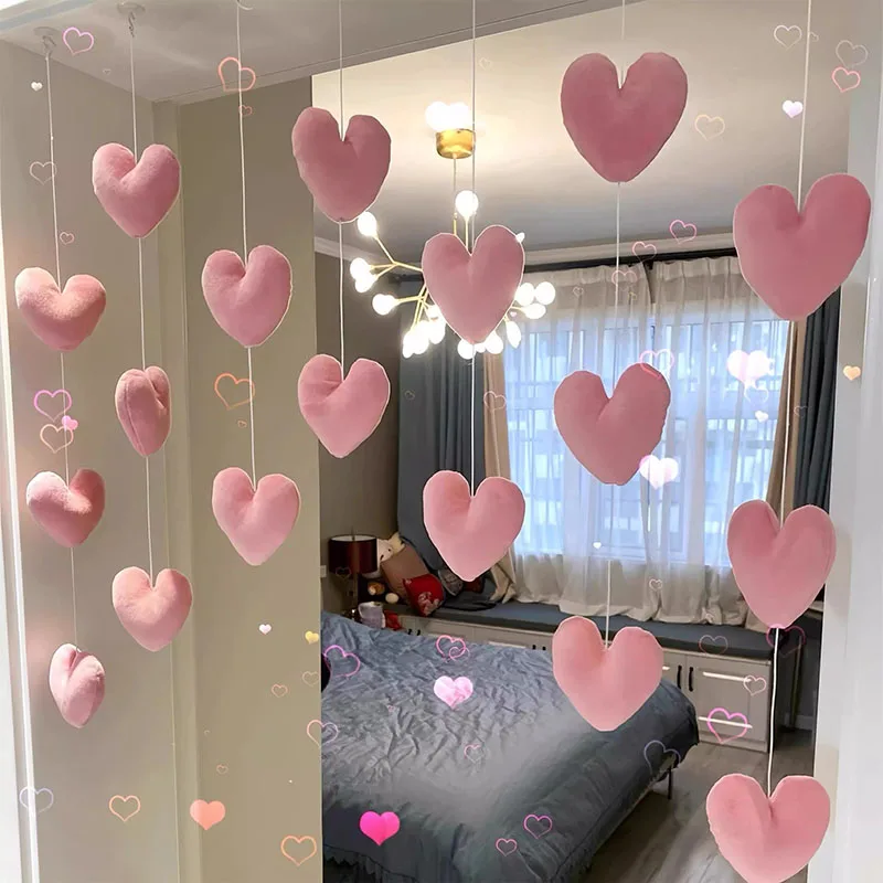 Cortina suspensa de porta em formato de coração romântico, estilo coreano, pingente de corda, cortina de porta divisória, acessórios de decoração de quarto