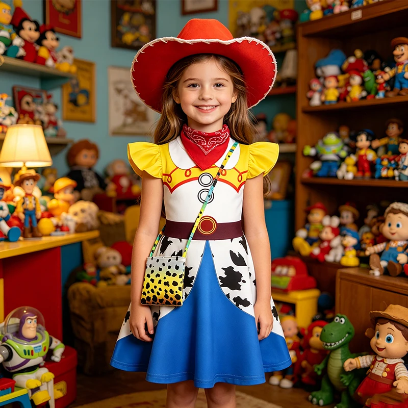 Disfraz de Vaquera de Jessie de Toy Story para Niñas con Falda con Estampado de Vaca para Halloween, Cumpleaños, Cosplay y Fiestas