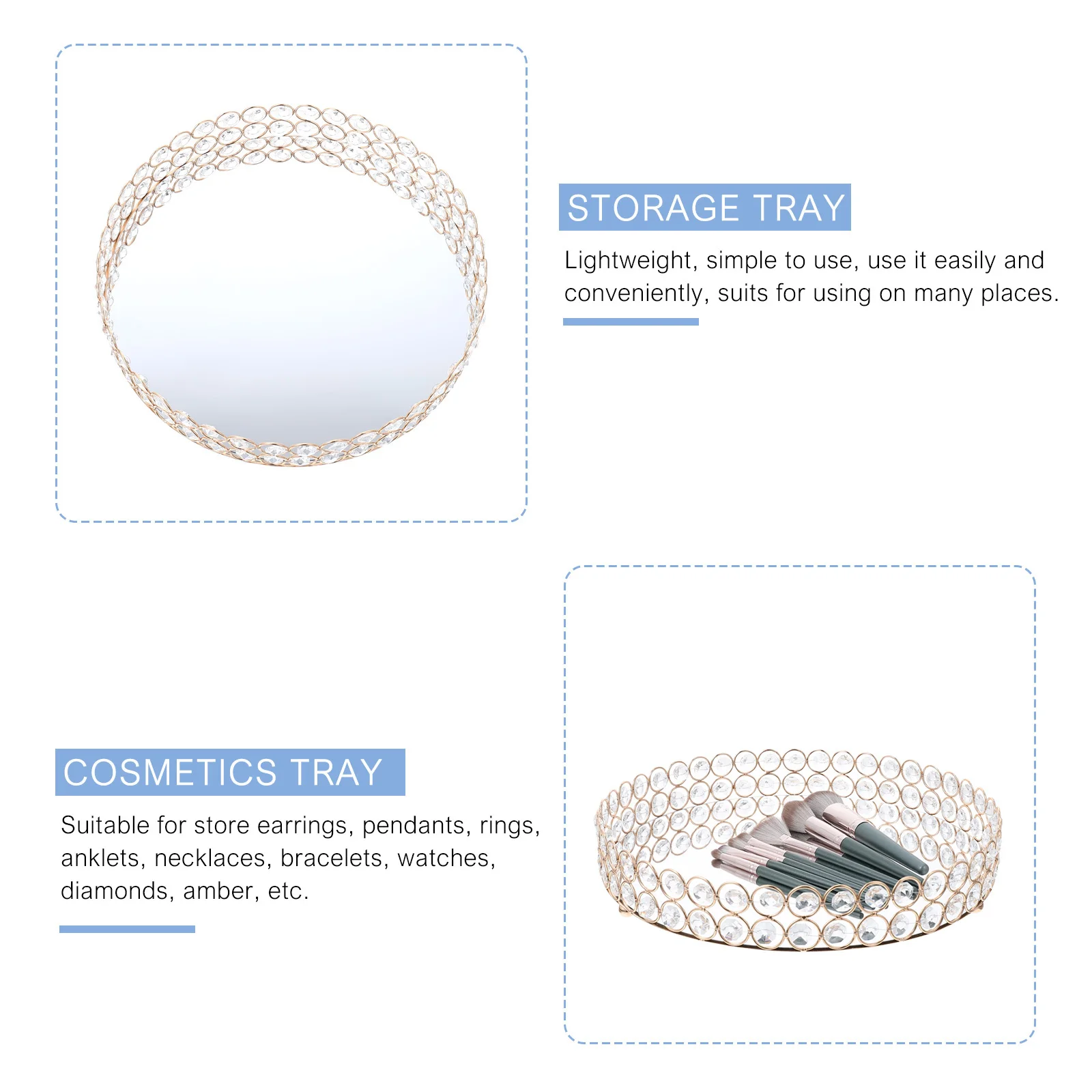 1Pcs Makeup Storage Tray Elegant Round Jewelry Organizer Mirror Surface Home Dressing Table Sundries Holder Fashion Display