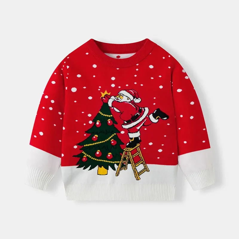 

New Arrival Kids Christmas Knitwear Full Sleeve O Neck Warm Soft Jumpers Boys Girls Cartoon Cute Knit Sweater Xmas Look Pullover