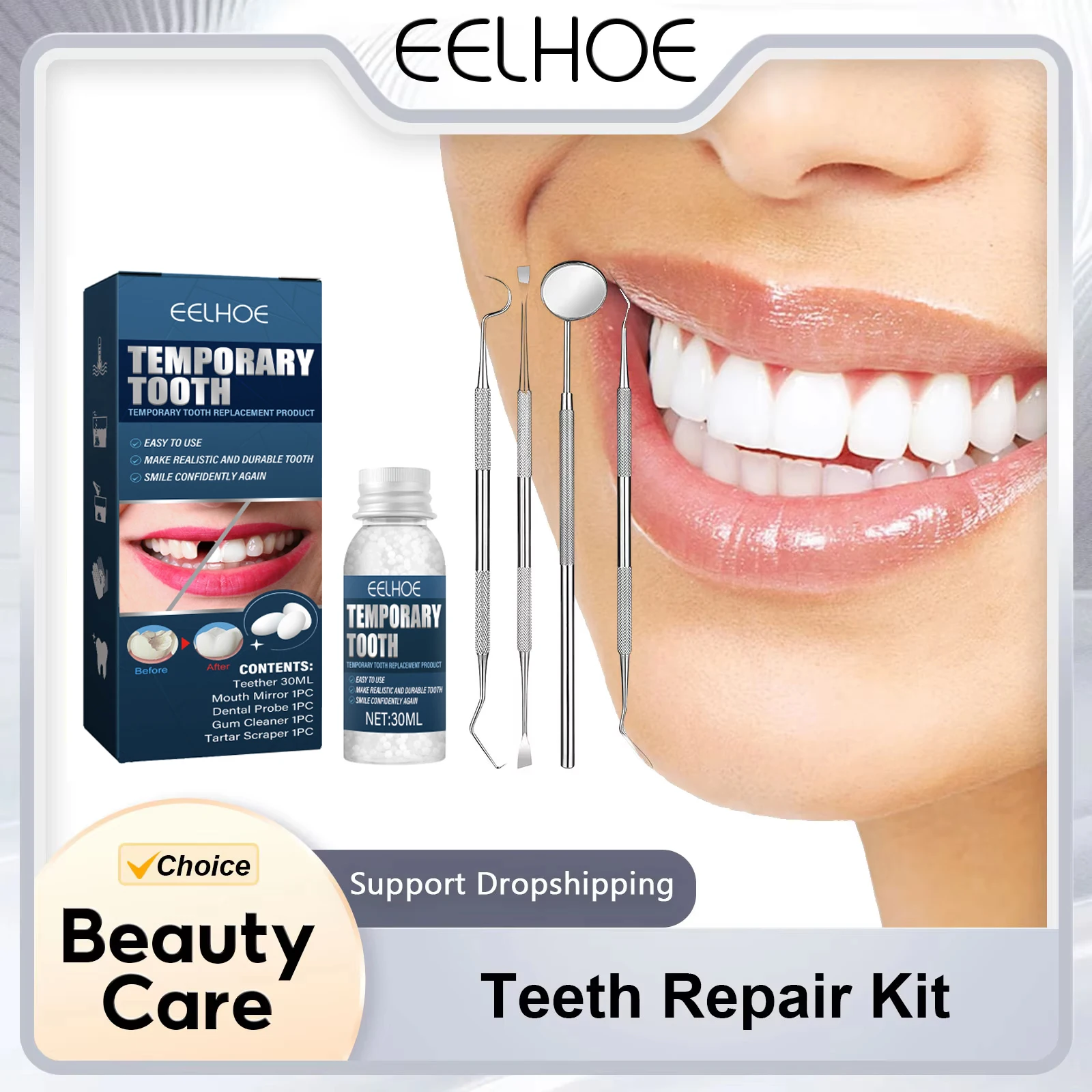 

Teeth Repair Kit Temporary Dental Replacement Kit Broken Teeth Missing Slit Filling Repair Thermal Beads Material Oral Care 30ml