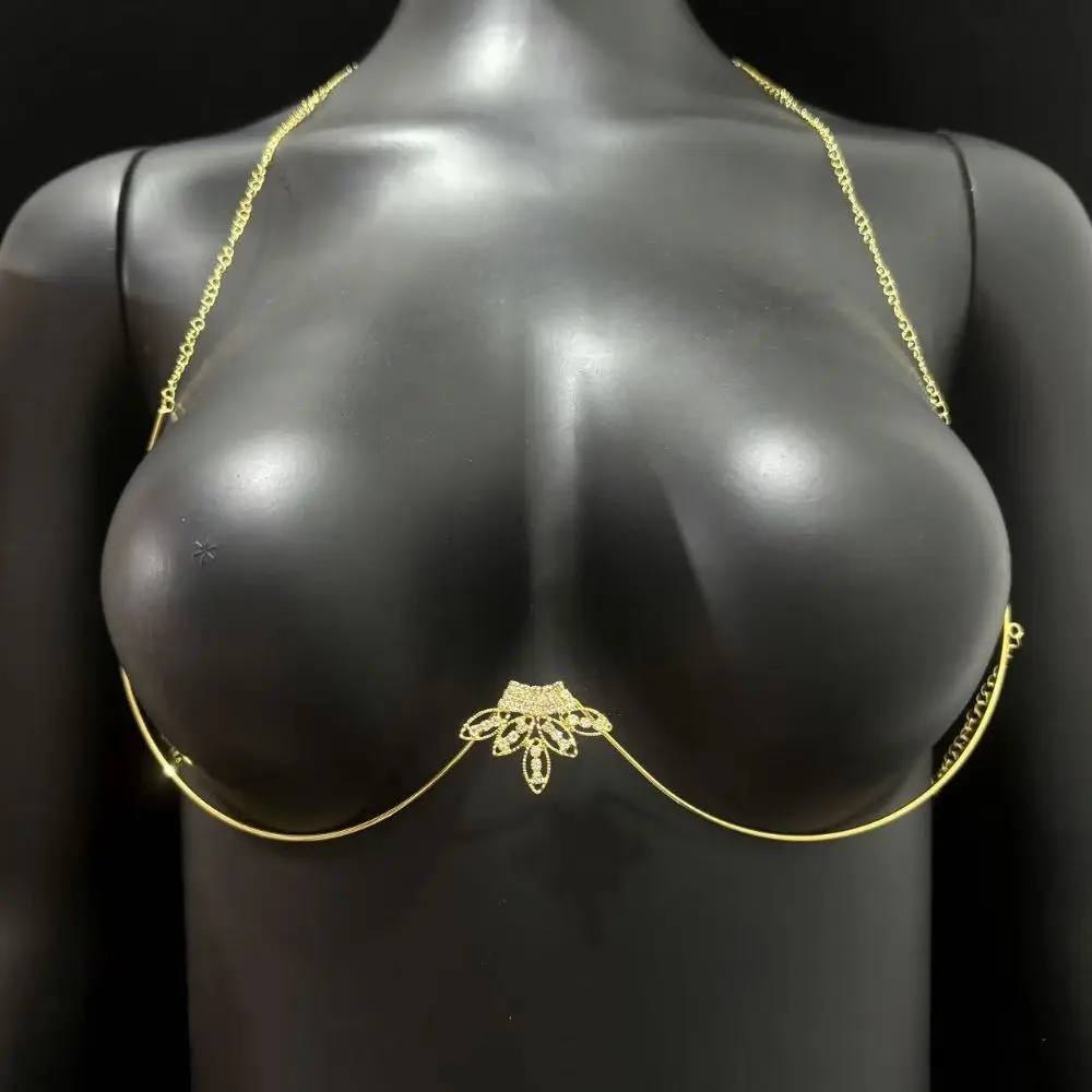 Adjustable Rhinestone Breast Chain Zircon Leaf Bra Body Jewelry Chest Bracket Chain Lingerie Nightclub Bikini Crystal Chain Gift