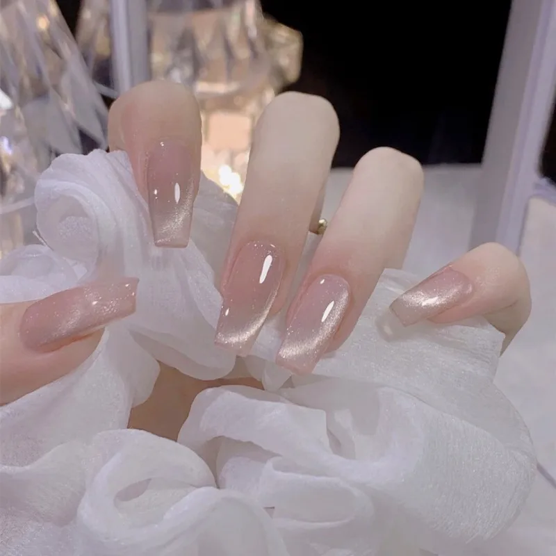 

24 шт. розовые накладные ногти «кошачий глаз» с липкими вкладками, набор для прессования ногтей, праздничные наклейки для красивого клея, самоклеящиеся ногти